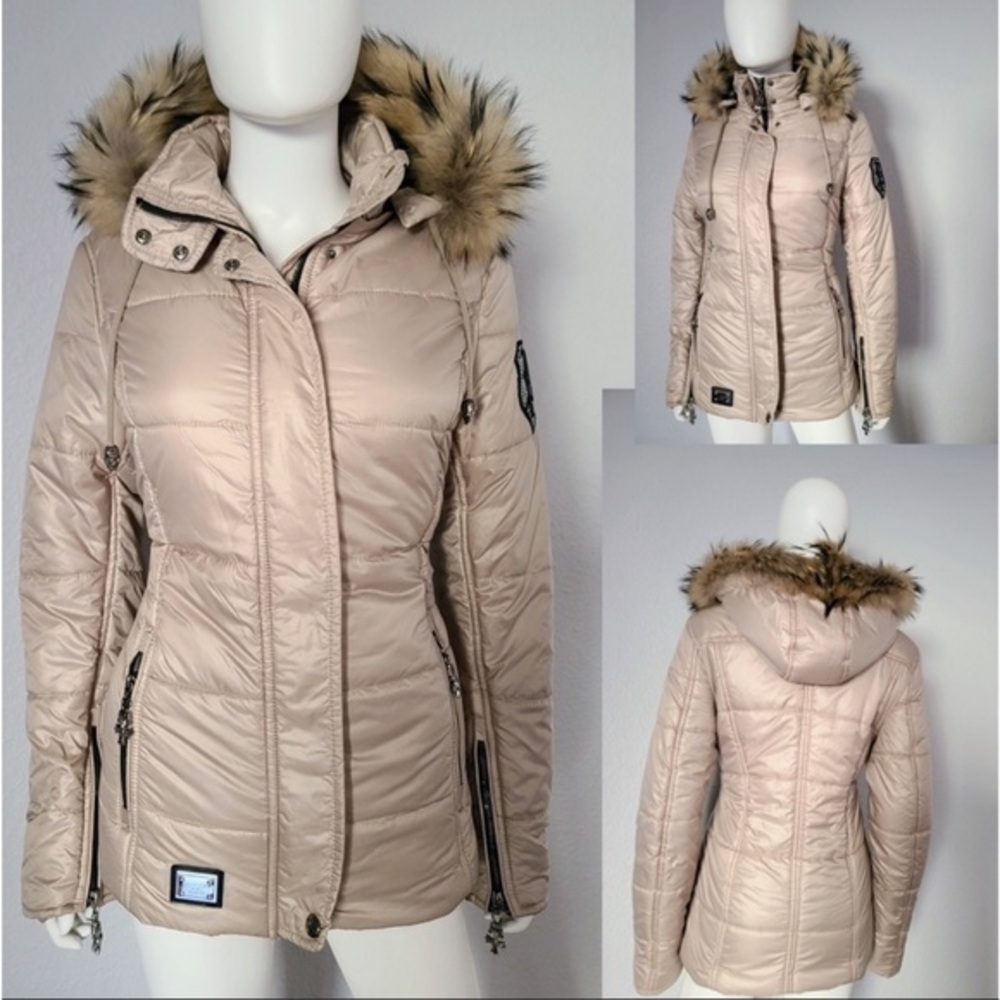NWT‎ WOMEN QUILTED PUFFER REAL RACCON FUR TRIM HOOD BEIGE JACKET ZIPPED COAT